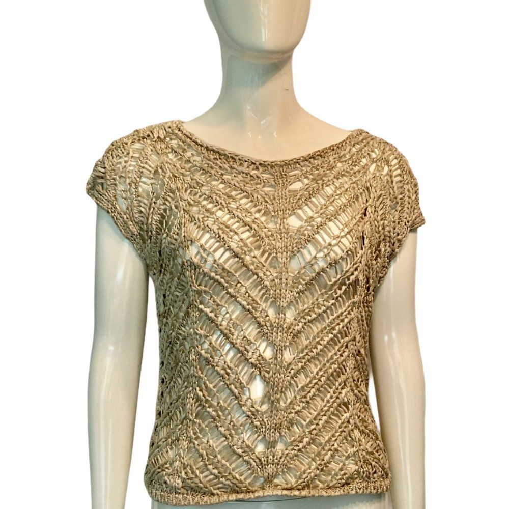 Eileen Fisher XS Bateau Neck Crochet Knit Top‎ Tan Beige Lagenlook Shell